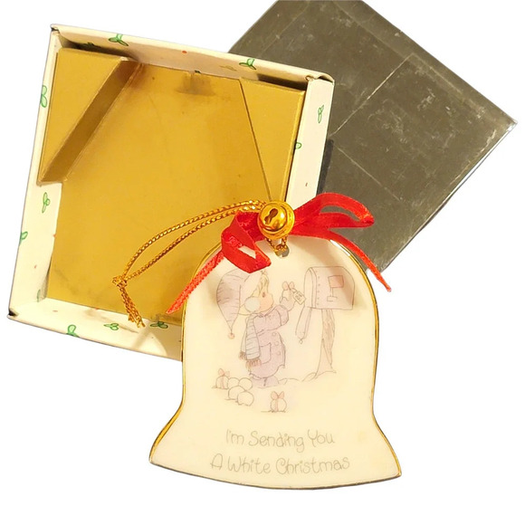 PRECIOUS MOMENTS I'm Sending You a White Christmas Porcelain Bell Ornament 1986 - Picture 4 of 8